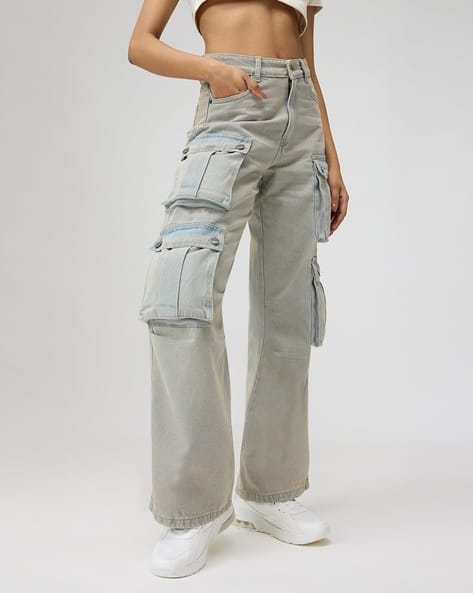 Women Heavily Washed Relaxed Cargo Jeans