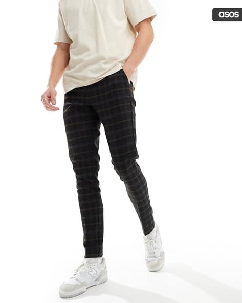 Men Checked Skinny Fit Flat-Front Trousers