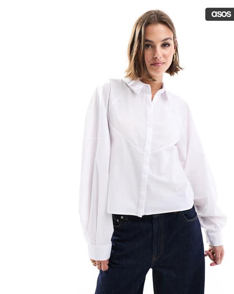 Women Spliced Detail Volume Shoulder Shirt