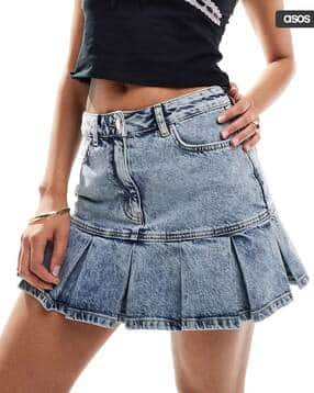 miss selfridge Women Selfridge Washed A-Line Kilt Denim Skirt-picture-46
