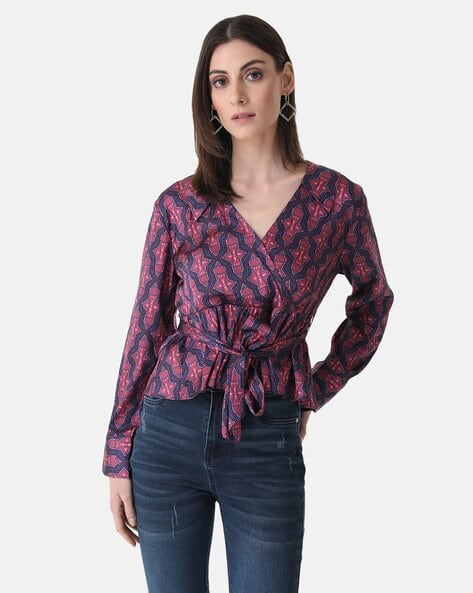 Kazo Women Printed Fitted Peplum Top with Tie-Up Belt