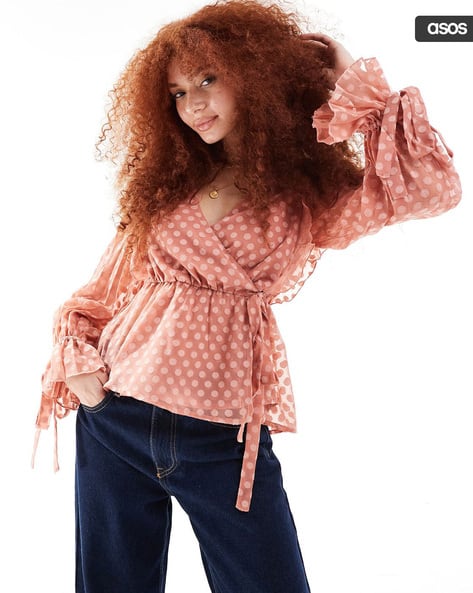 Women Dobby Polka Dot Long Sleeve Wrap Top