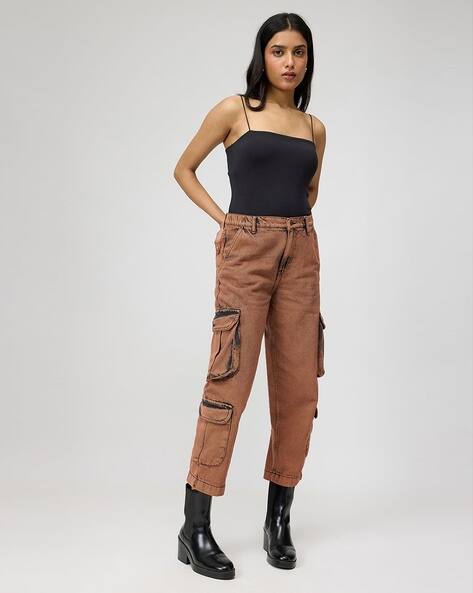 Women Heavily Washed Straight Cargo High-Rise Jeans