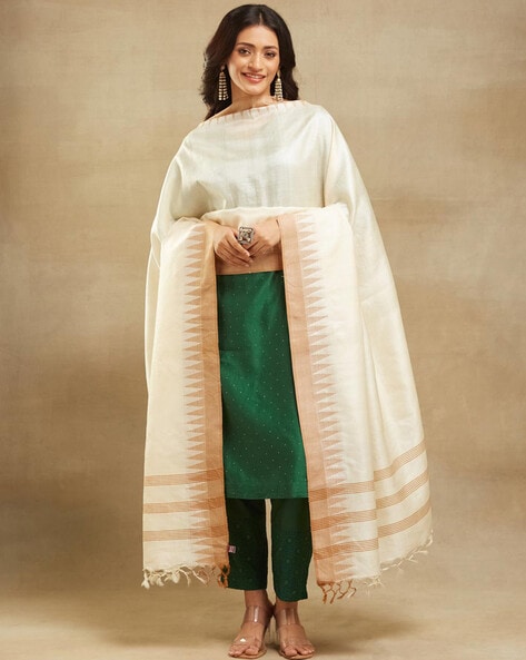 Women Woven Dupatta with Tassels Price in India