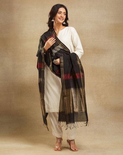 Women Woven Dupatta with Tassels Price in India