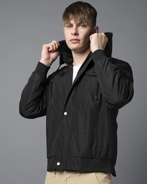 Men Regular Fit Bomber Jacket with Detachable Hood