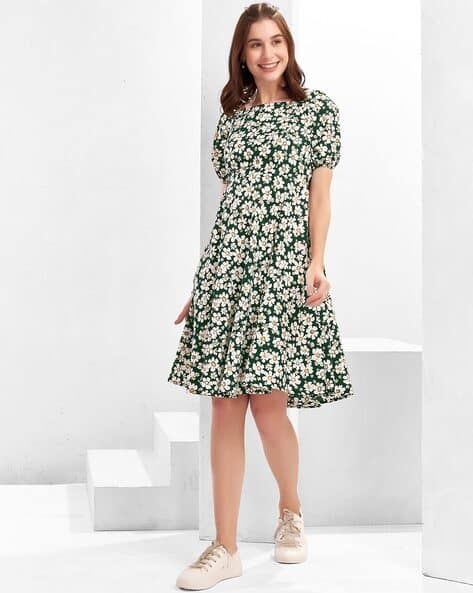 Women Floral Print A-Line Dress with Short Sleeves