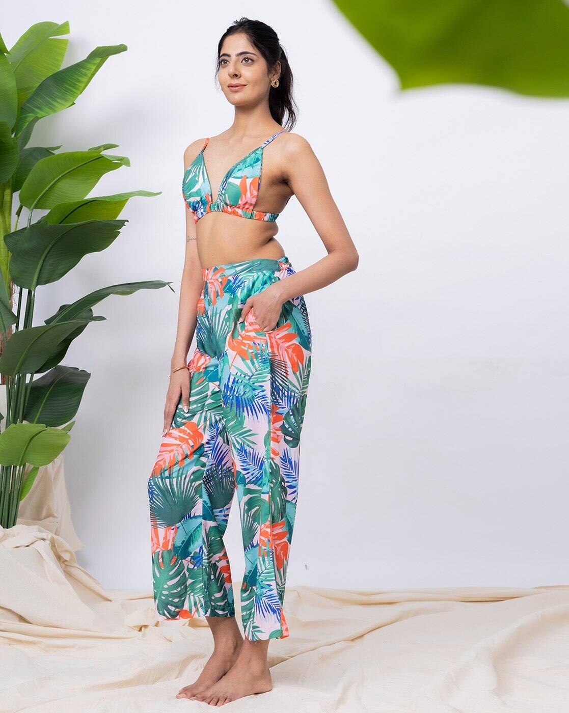 EROTISSCH Black & Green Printed Beachwear Set - Crop Top & Pants Cover-Up For Women & Teens