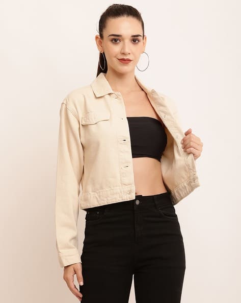 Beige Denim Ladies Cream Denim Jacket Women Regular Fit Denim Jacket