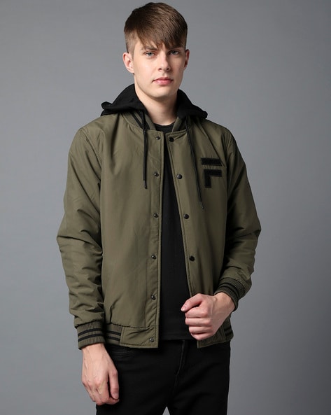 Men Regular Fit Bomber Jacket with Detachable Hood