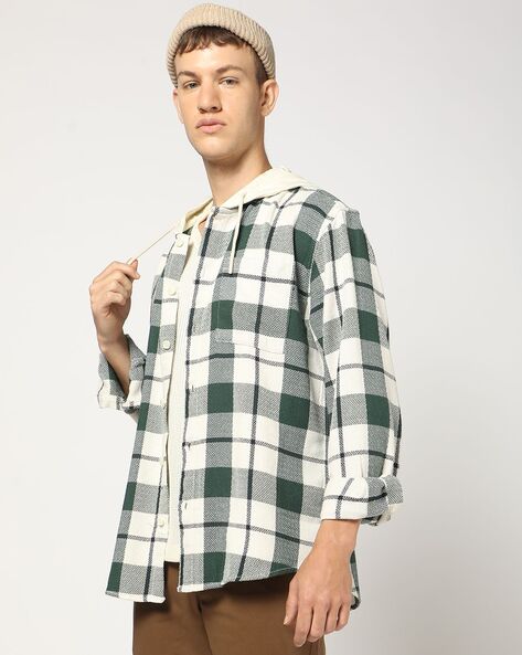 Men Checked Oversized Fit Hooded Shacket