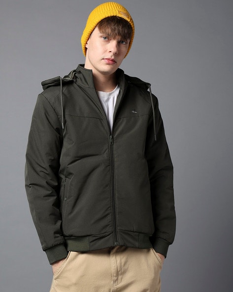 Men Slim Fit Zip-Front Jacket with Detachable Hood