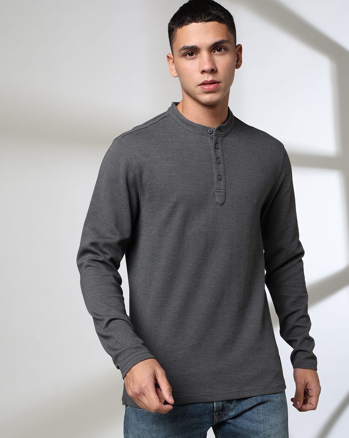 ANCELLM HENLEY RIB LS T-SHIRT （GRAY） Buy DNMX Men Slim Fit Henley T-Shirt Online | Ajio.com
