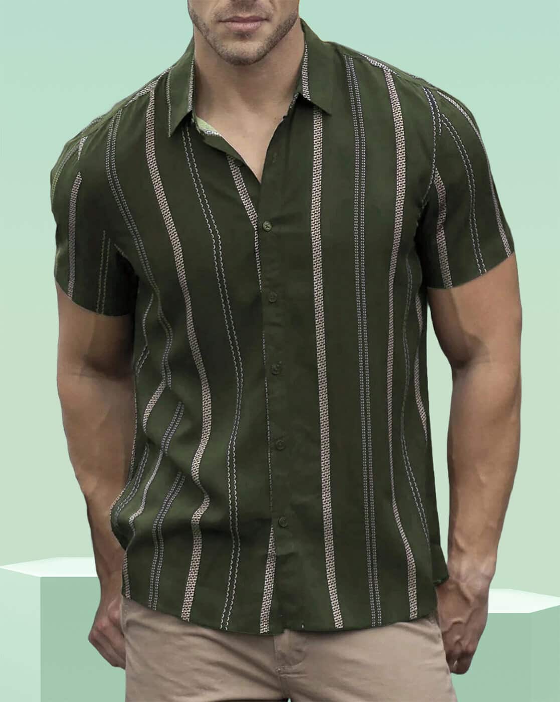 Deaim Men Regular Fit Striped Shirt For Men (Olive, L)