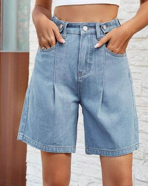 Women Washed Mid-Rise Denim Cargo Shorts - Main Image