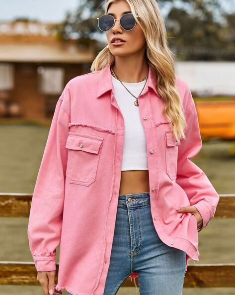 Pink denim jacket for women best sale