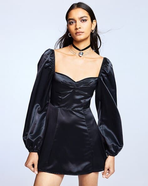Women Balloon-Sleeved Satin Dress
