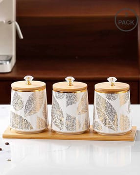 umai Set of 3 Leaf Print Ceramic Jars with Lids-picture-16