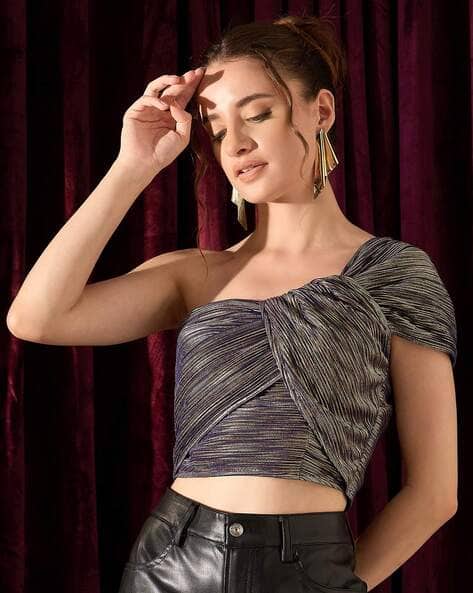 Women Striped Regular Fit One-Shoulder Top