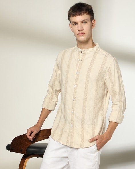 Men Striped Regular Fit Shirt with Band-Collar