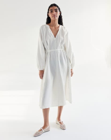 Women Tie-Detail Double-Weave Cotton Dress