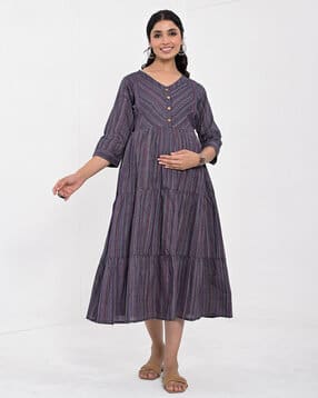 negen Women Striped Tiered Dress with Bracelet Sleeves-picture-12