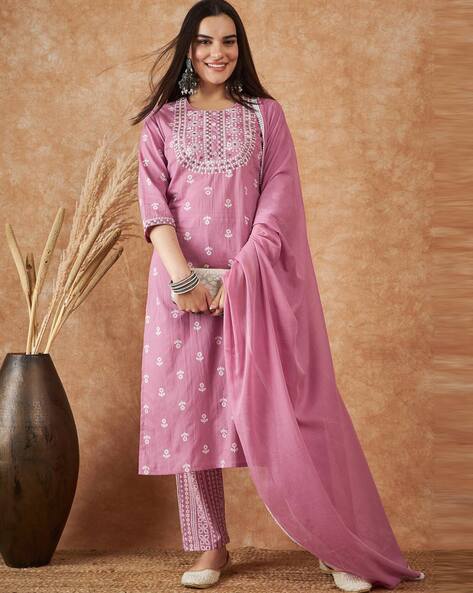 Women Embroidered Straight Kurta Set Price in India