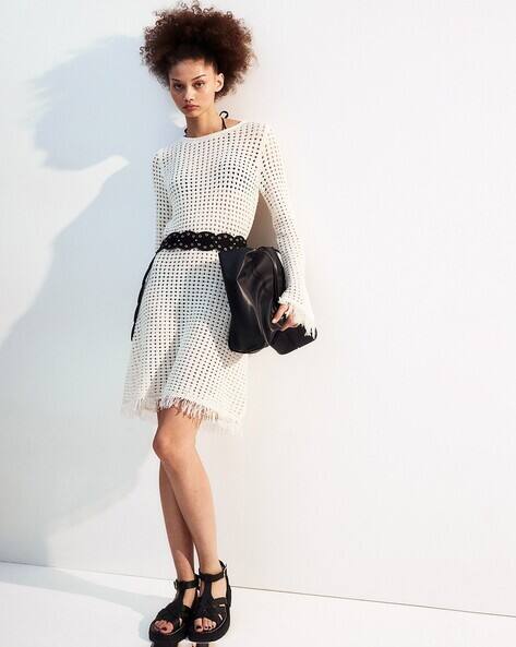Buy H&M Women Fringe-Trimmed Hole-Knit Dress Online | Ajio.com