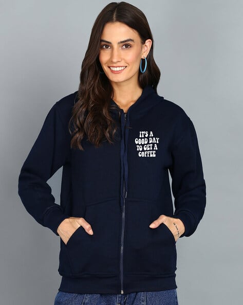 Women Typographic Print Zip-Front Hoodie