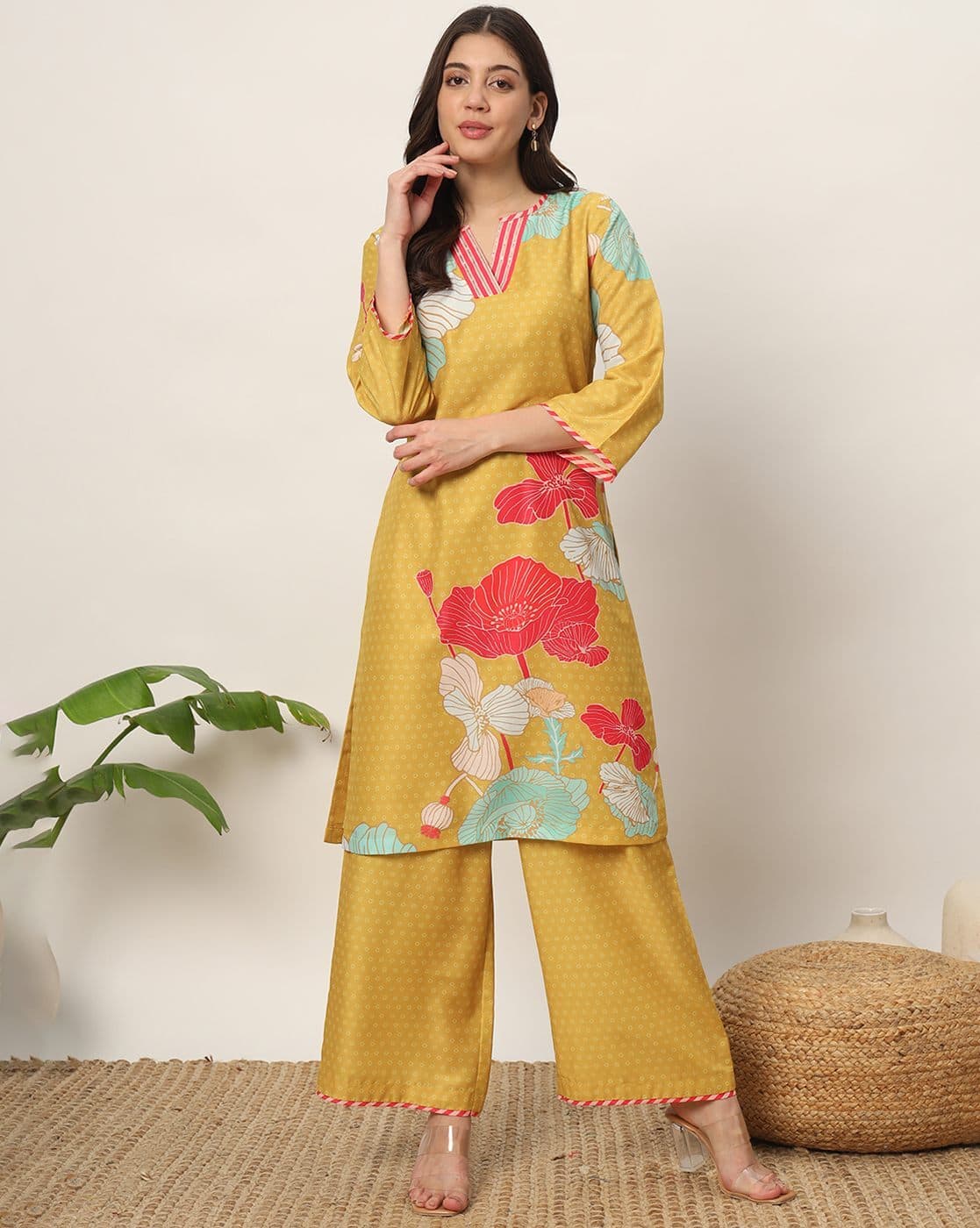 FIORRA Women Floral Print Straight Kurta & Palazzos Set (Yellow)