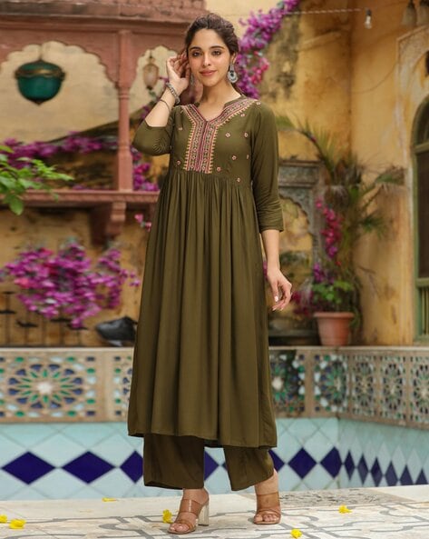 Women Embroidery A-Line Kurta Set Price in India