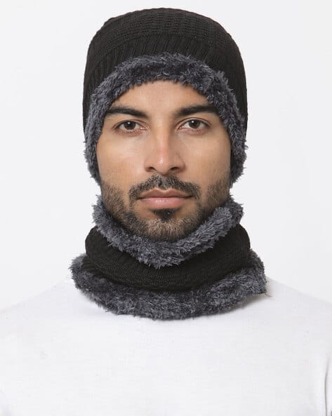 Winter Acrylic Muffler Cap Beanie Neck Warmer with Fur Lining