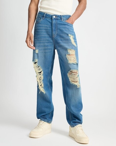 Men Lightly Washed Distressed Relaxed Fit Jeans