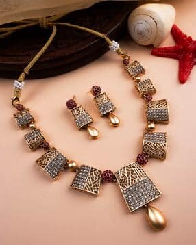 stileadda Women Gold-Plated Stone Studded Necklace & Earrings Set-picture-0
