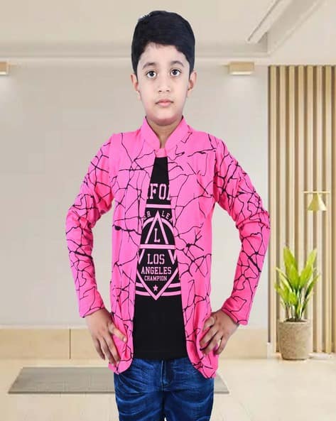 Boys Typographic Print T-Shirt with Attached Shrug