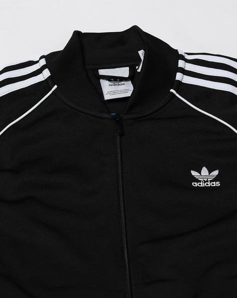 Black adidas jacket with white stripes online