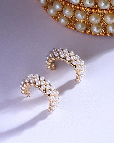 Elle Women Gold-Plated Pearl-Studded Hoop Earrings