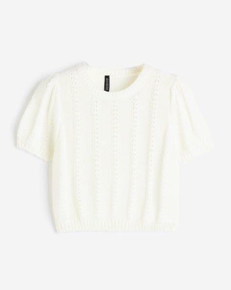 Buy H&M Women Textured-Knit Puff-Sleeved Top Online | Ajio.com
