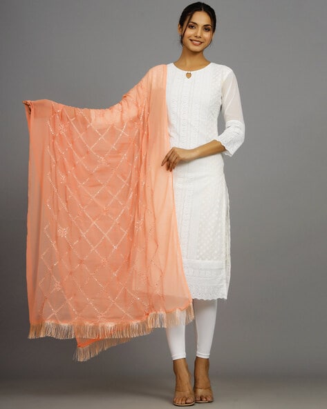 Women Embroidered Dupatta with Tassels Price in India