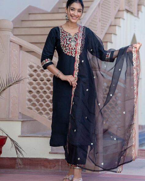 Embroidered Straight Kurta Set Price in India