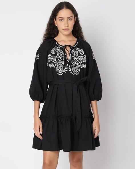 Vero Moda Women Embroidered Tiered Dress with Neck Tie-Up