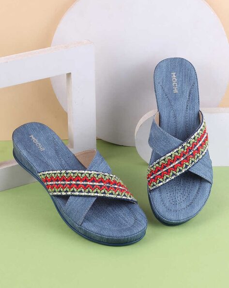 Mochi Women Embroidered Slip-On Flat Sandals