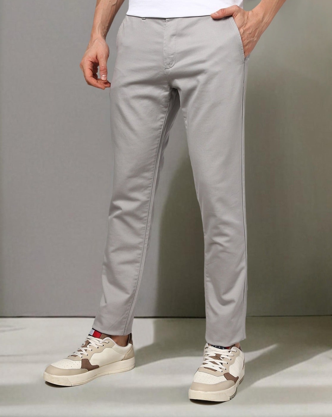 Grey Sneakers On Chinos Men Slim Fit Flat-Front Chinos