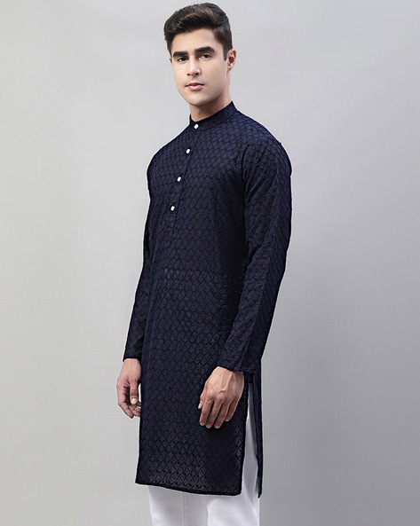 Men Regular Fit Long Kurta with Mandarin Collar