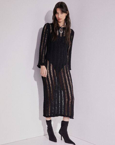 chinese dress ladies Black Floral Lace Long Sleeve Ruffle Hem Mini Dress
