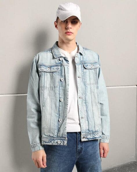 DNMX Men Washed Regular Fit Denim Trucker Jacket