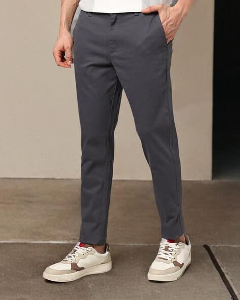 Men WFH Cropped Slim Fit Flat-Front Trousers