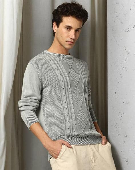 Men Cable-Knit Regular Fit Crew-Neck Pullover