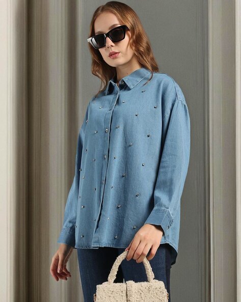 Women Crystal Embellished Relaxed Fit Shirt