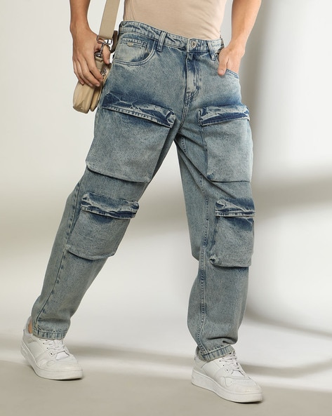 Men Heavily Washed Relaxed Fit Cargo Jeans